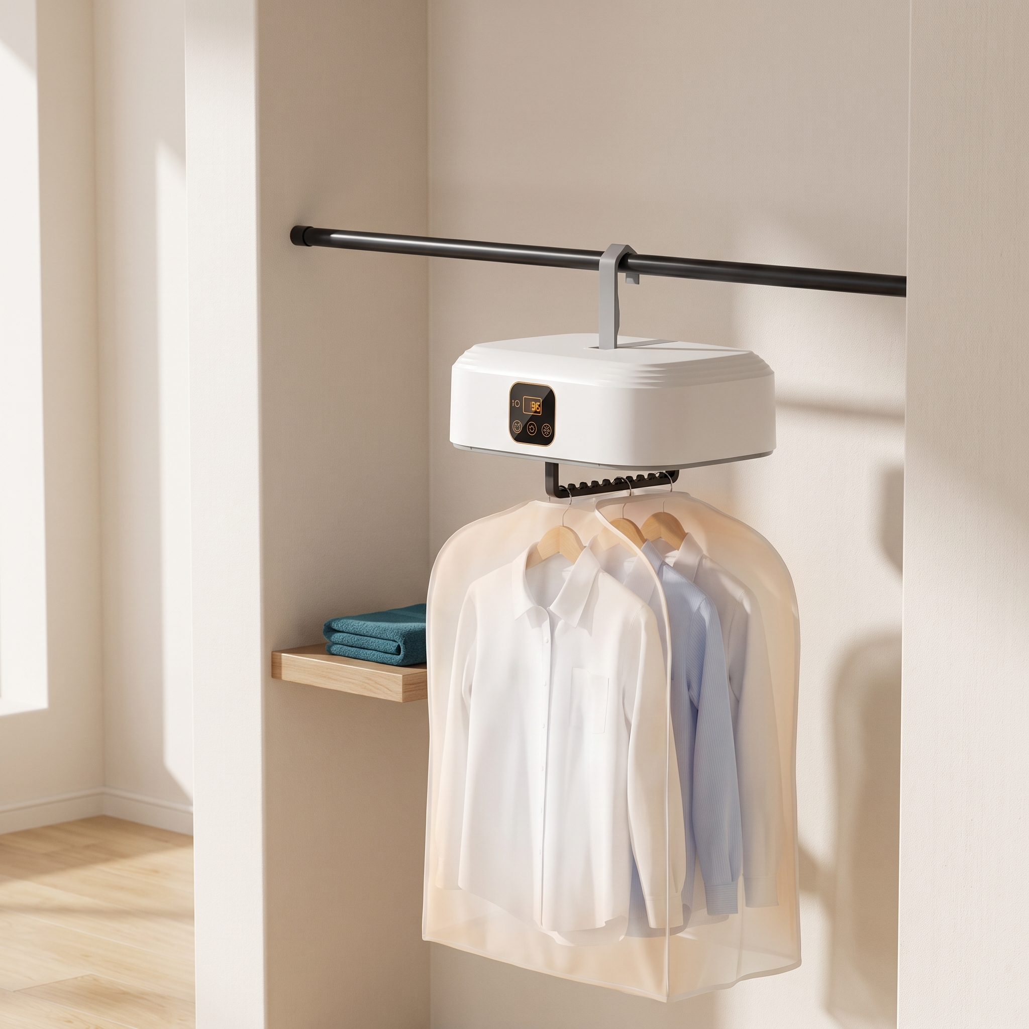VAÉ portable dryer hanging from a closet rail with clothes drying beneath it