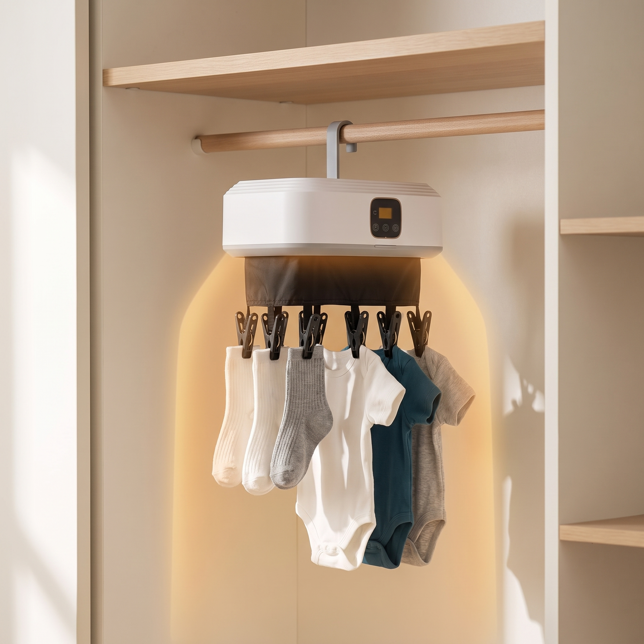 VAÉ sock and delicates clips wrapped around the dryer bar with socks and baby clothes drying