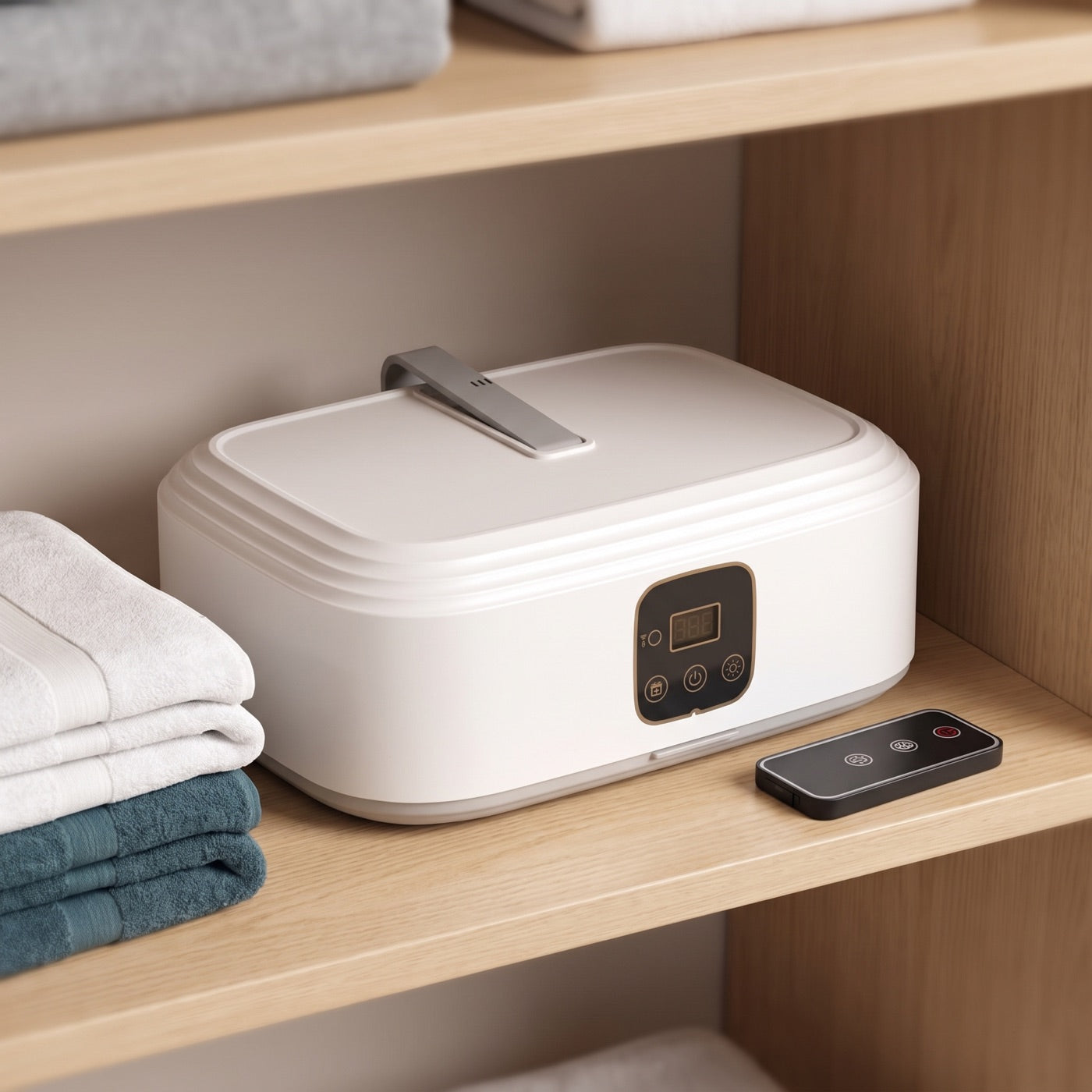 The dryer folded flat on a shelf beside folded towels and its remote