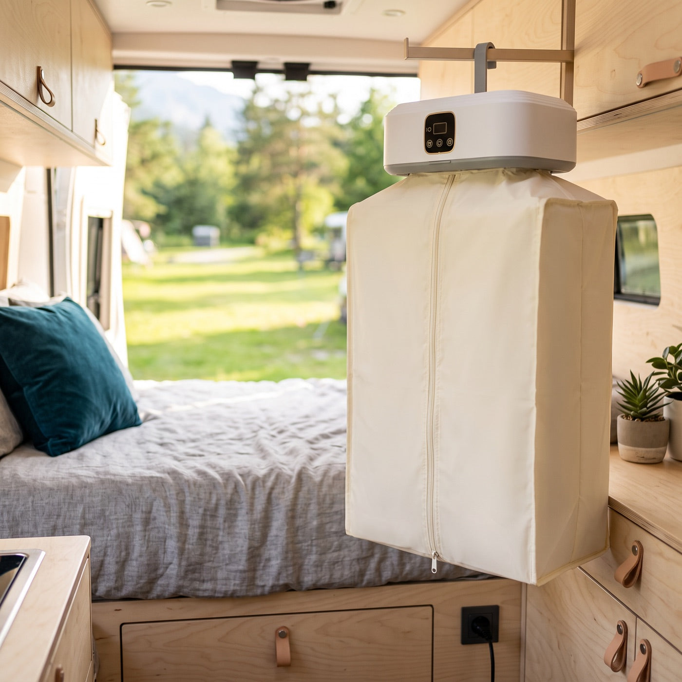 The dryer hanging from a rail in a camper van, the bed alongside it and a campsite through the open door