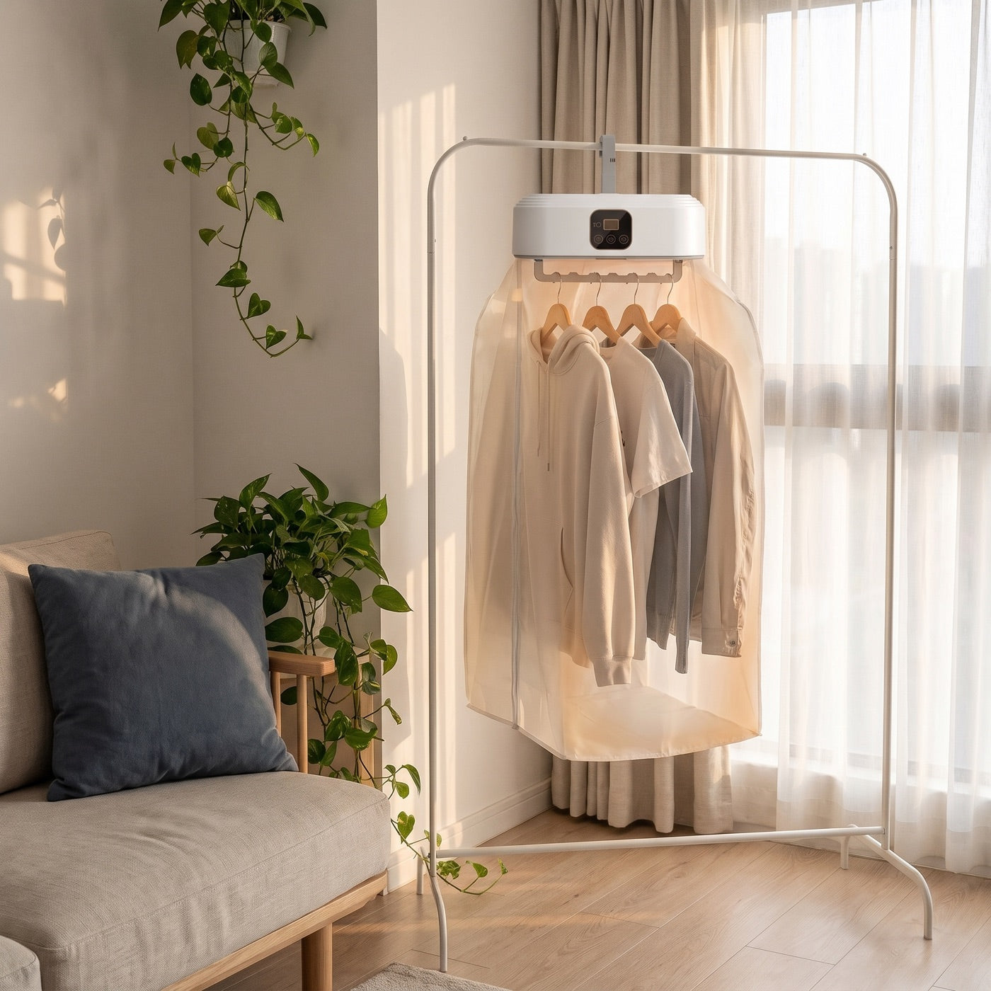 The dryer hanging from a garment rack with a load drying beneath it