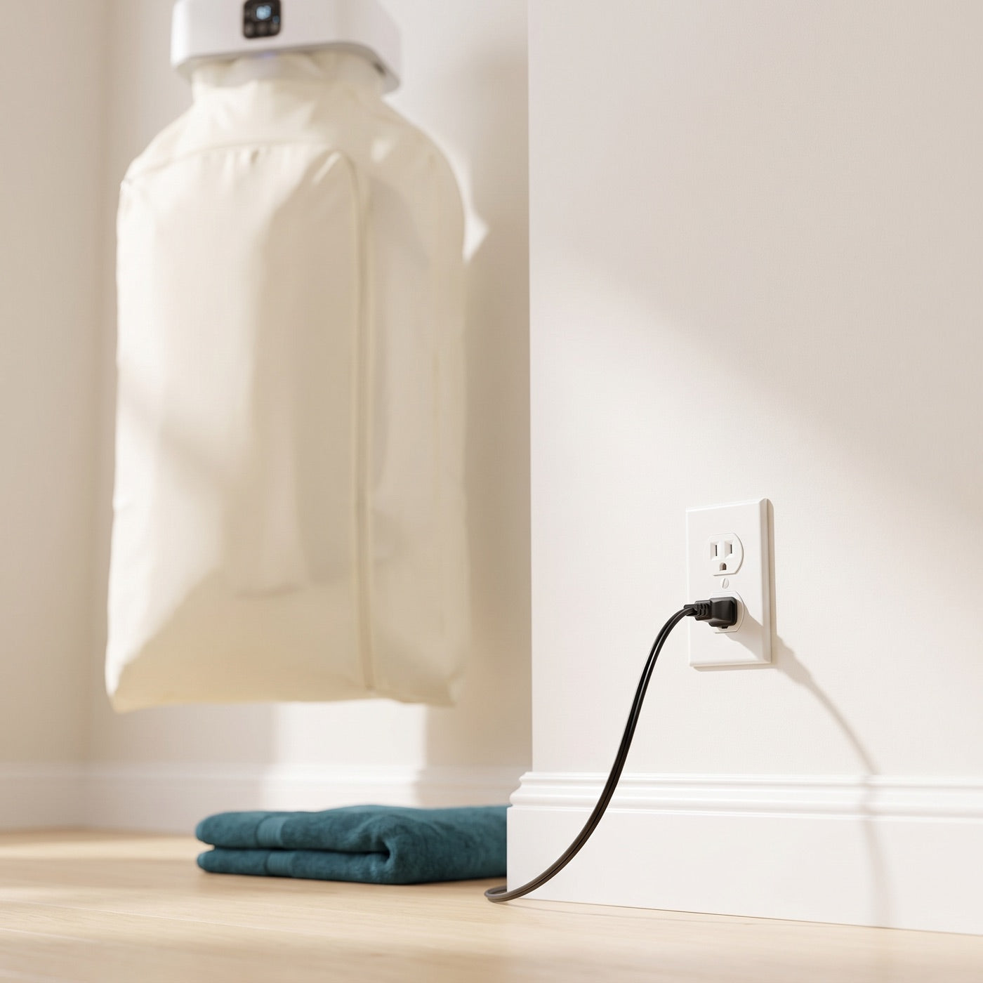 The dryer's cord plugged into an ordinary wall outlet, with the unit hanging clear of the wall behind it