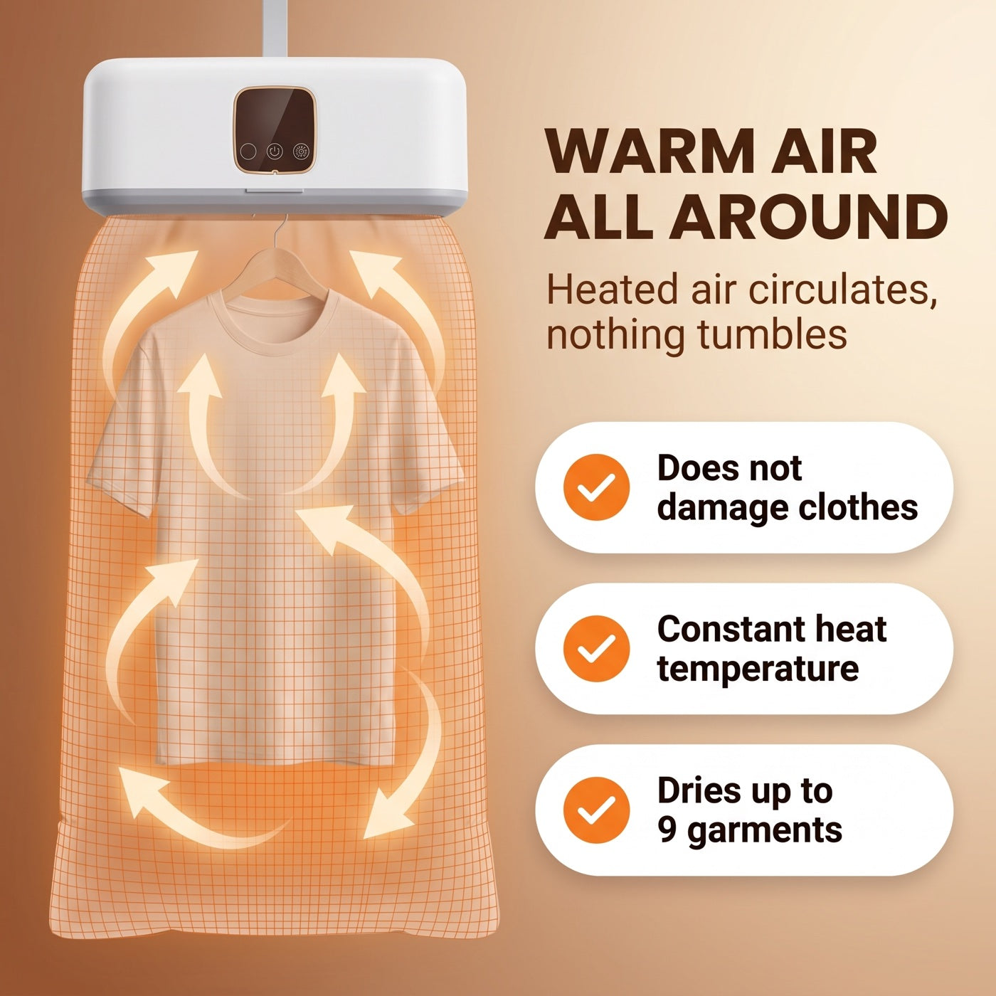 Diagram: heated air circulating up and around a shirt inside the cover