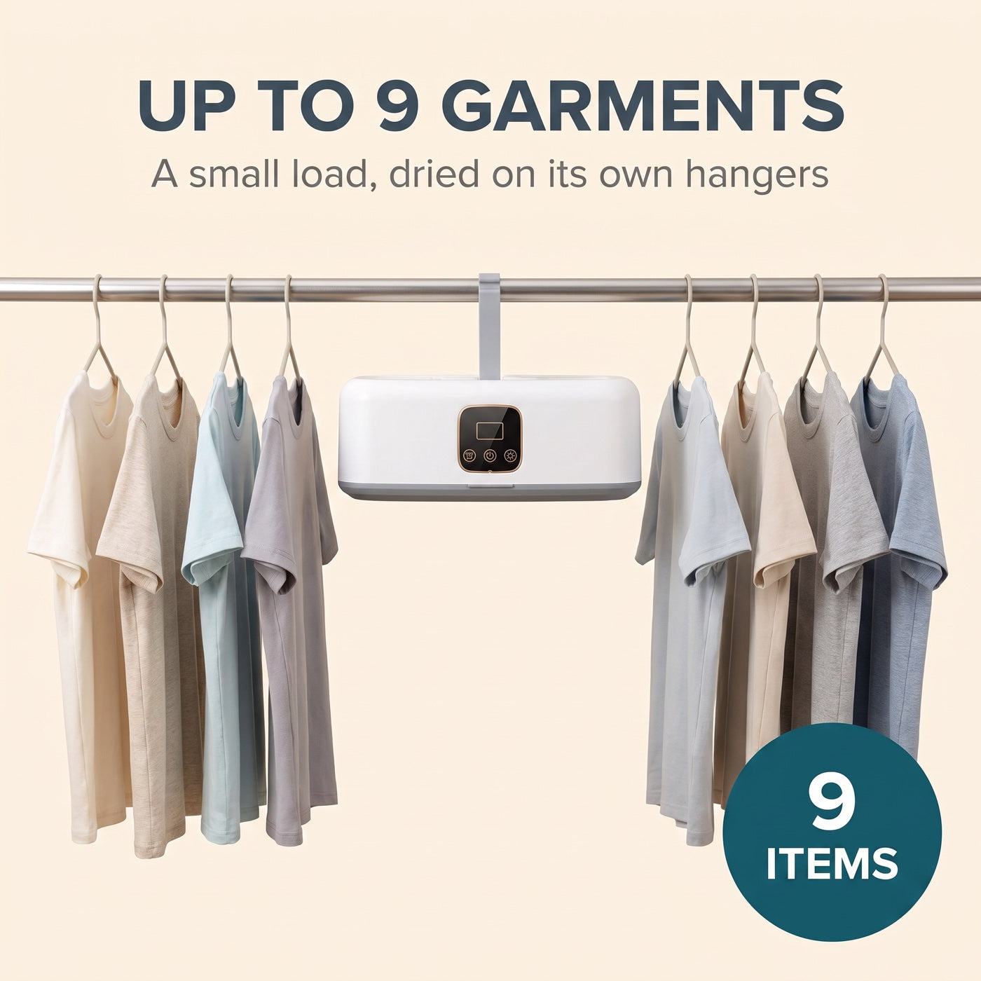 Diagram: up to 9 garments, a small load dried on its own hangers