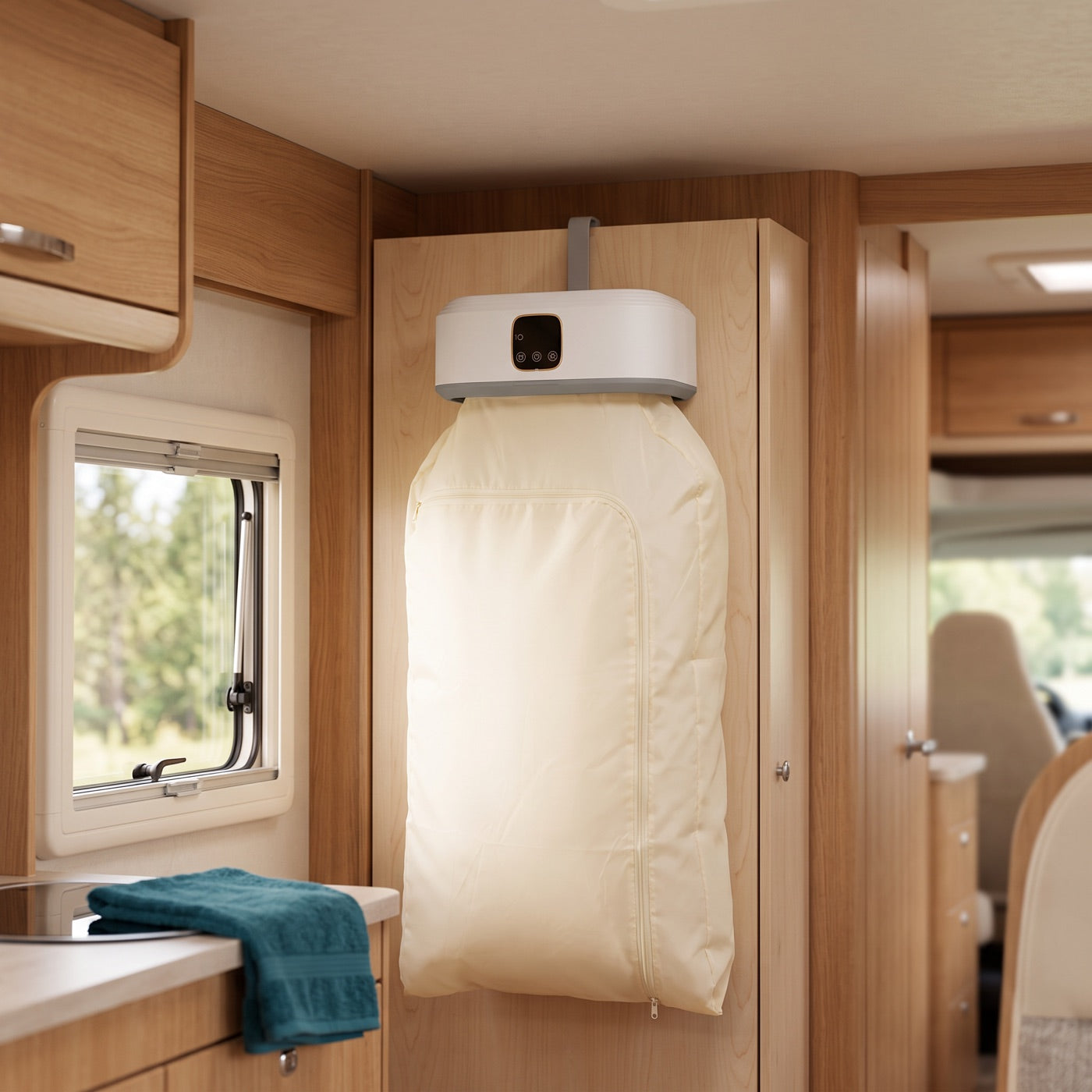 The dryer clipped to the wardrobe rail of a motorhome beside the galley window